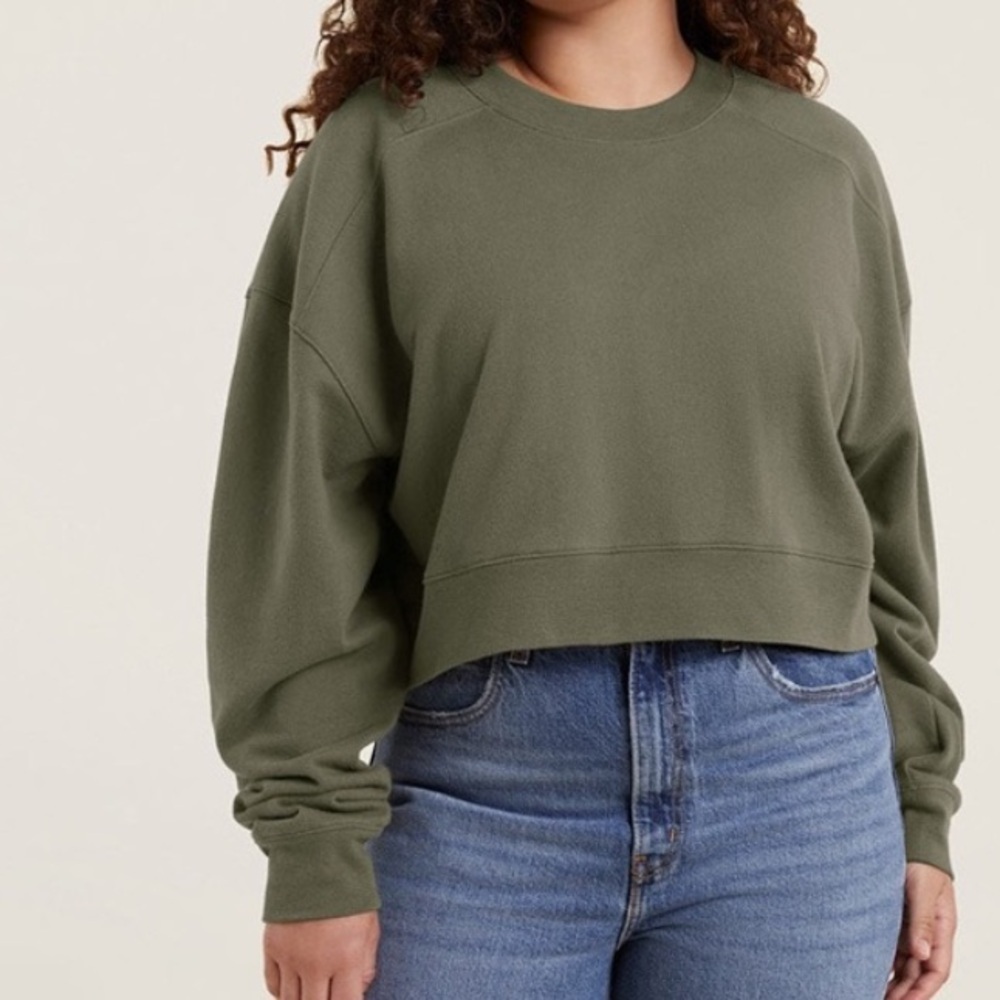 nuuds Women's Olive Green Cropprd Long Shirt Crewneck Sweatshirt Size L